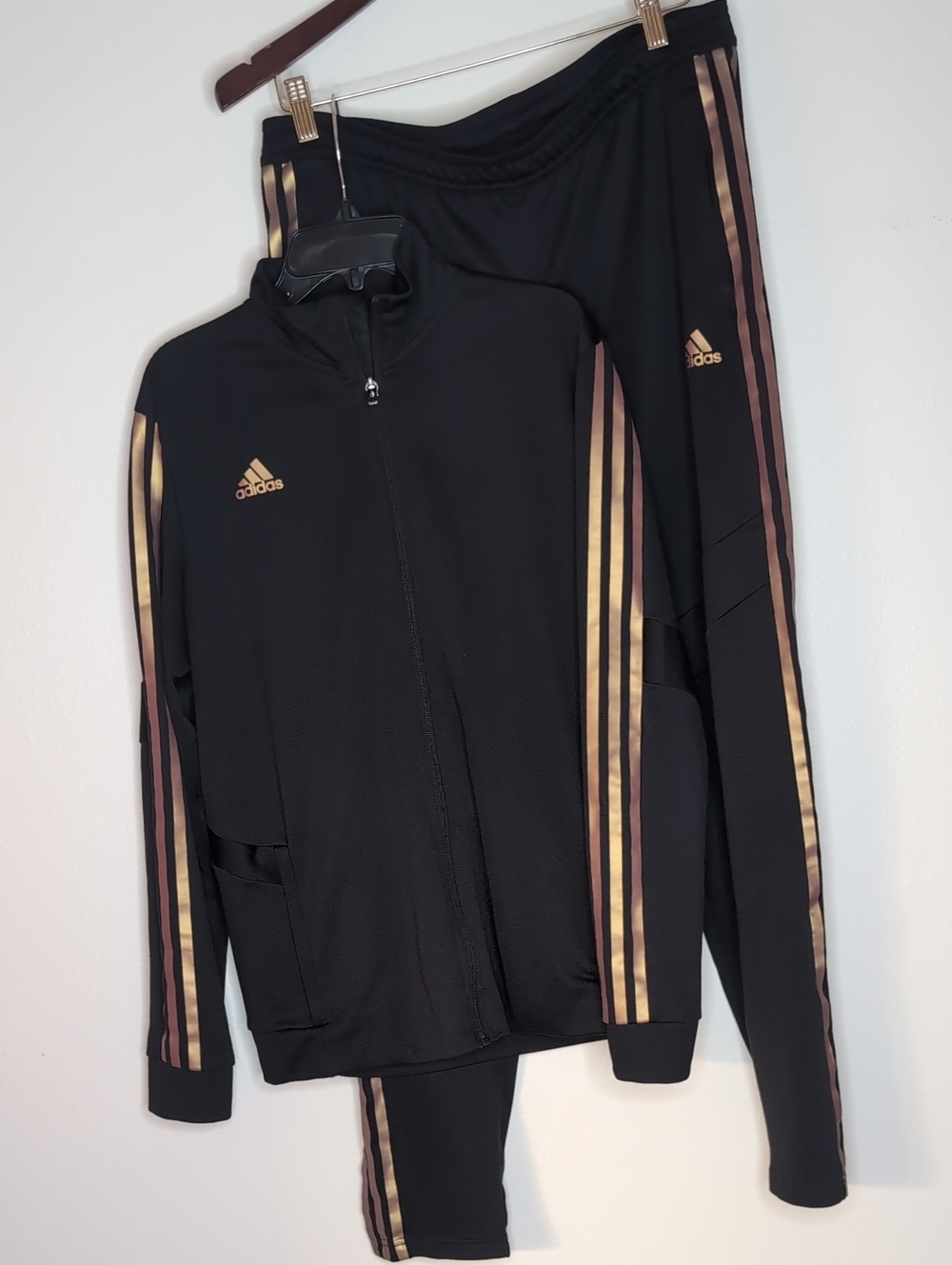 adidas Black Track Jacket and Pants with Metallic Gold Stripes